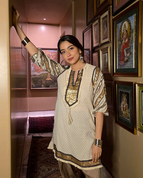 Plain Dobby Kurta with Beige Salwar Set