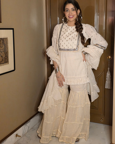 Plain Dobby Istanbul Top With Kora Gold Stripe Sharara
