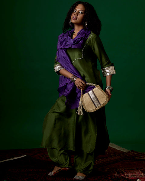 Aanghan Set with Cloud Dupatta and Jute Baby Baluga Bag