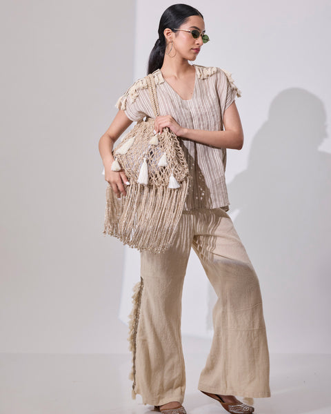 Beige High Slit Pants