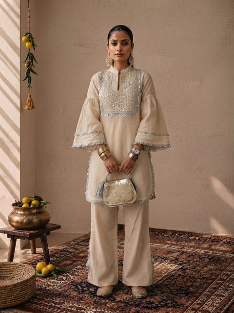 Mirror Yoke Kurta with Wide Leg Pant Set