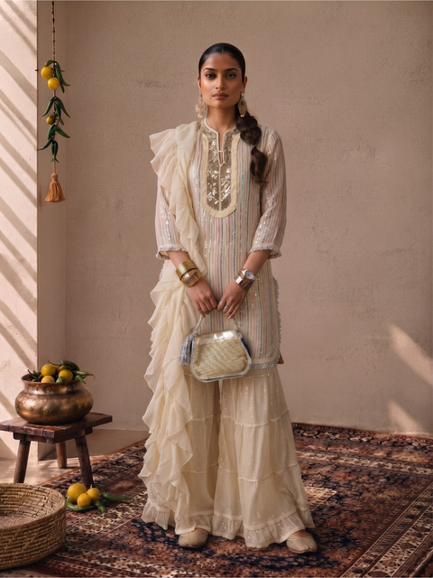 Soni Kurta with Gold Stripe Sharara Set