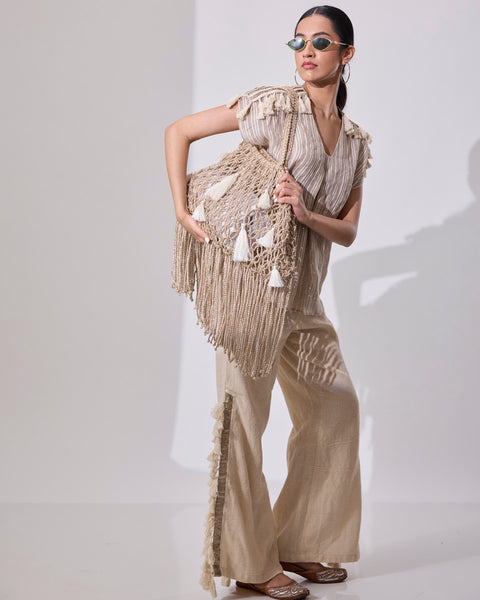 Beige High Slit Pants